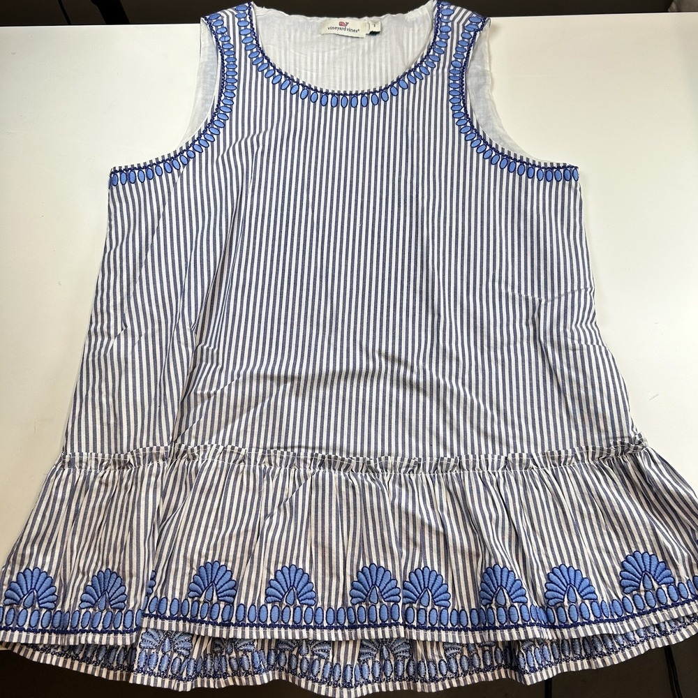 Vineyard Vines Sarah Striped Embroidered Swing Peplum Top S Blue White Lined‎ - Picture 2 of 9